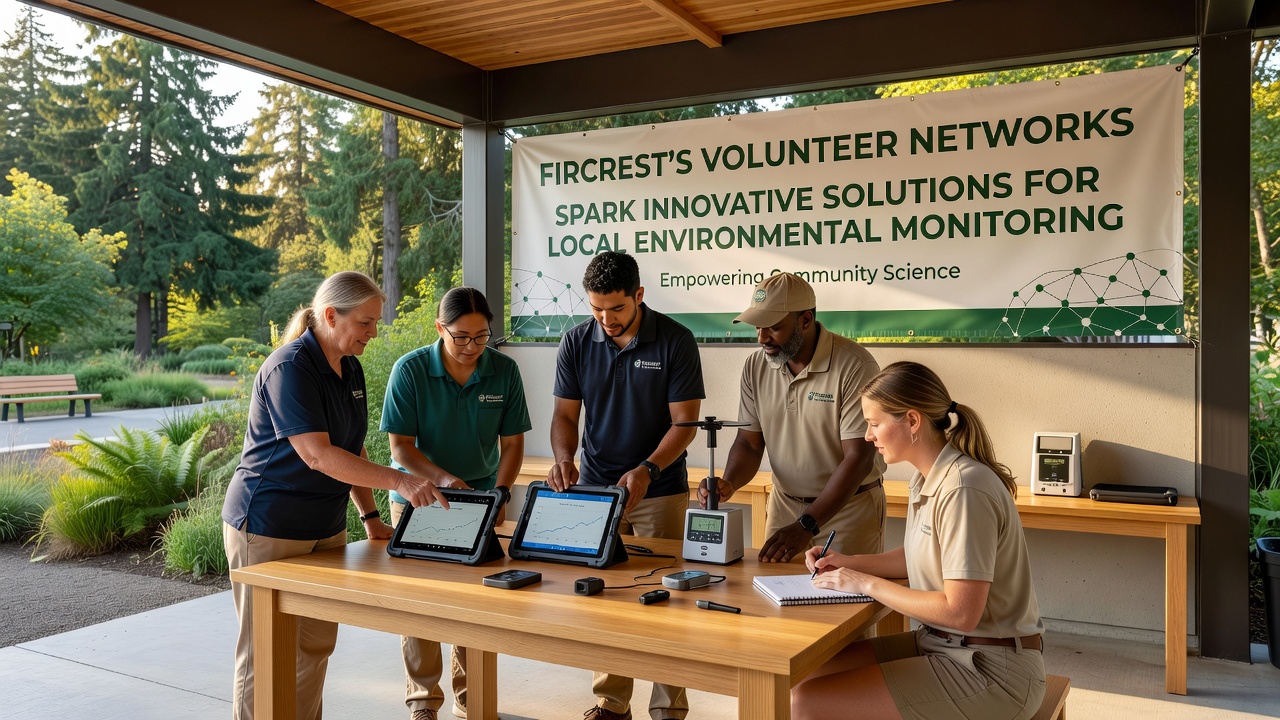 Group of Fircrest volunteers reviewing sensor data on tablets during a field session in a wooded area